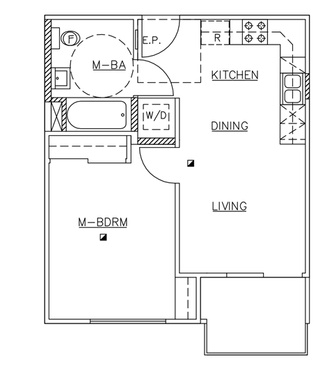 A floor plan of a house with a kitchen, dining room and living room.
